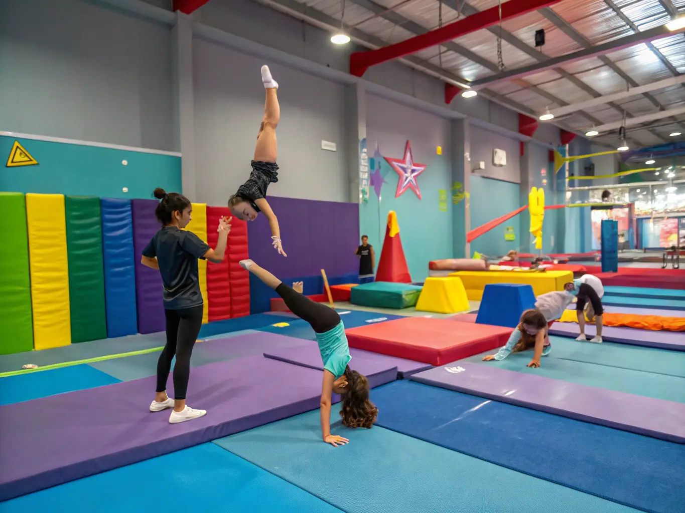 A vibrant image of children and adults engaging in gymnastics activities in a bright, welcoming gymnasium, showcasing the inclusive and supportive environment of GYM ADDICT FELLETIN.