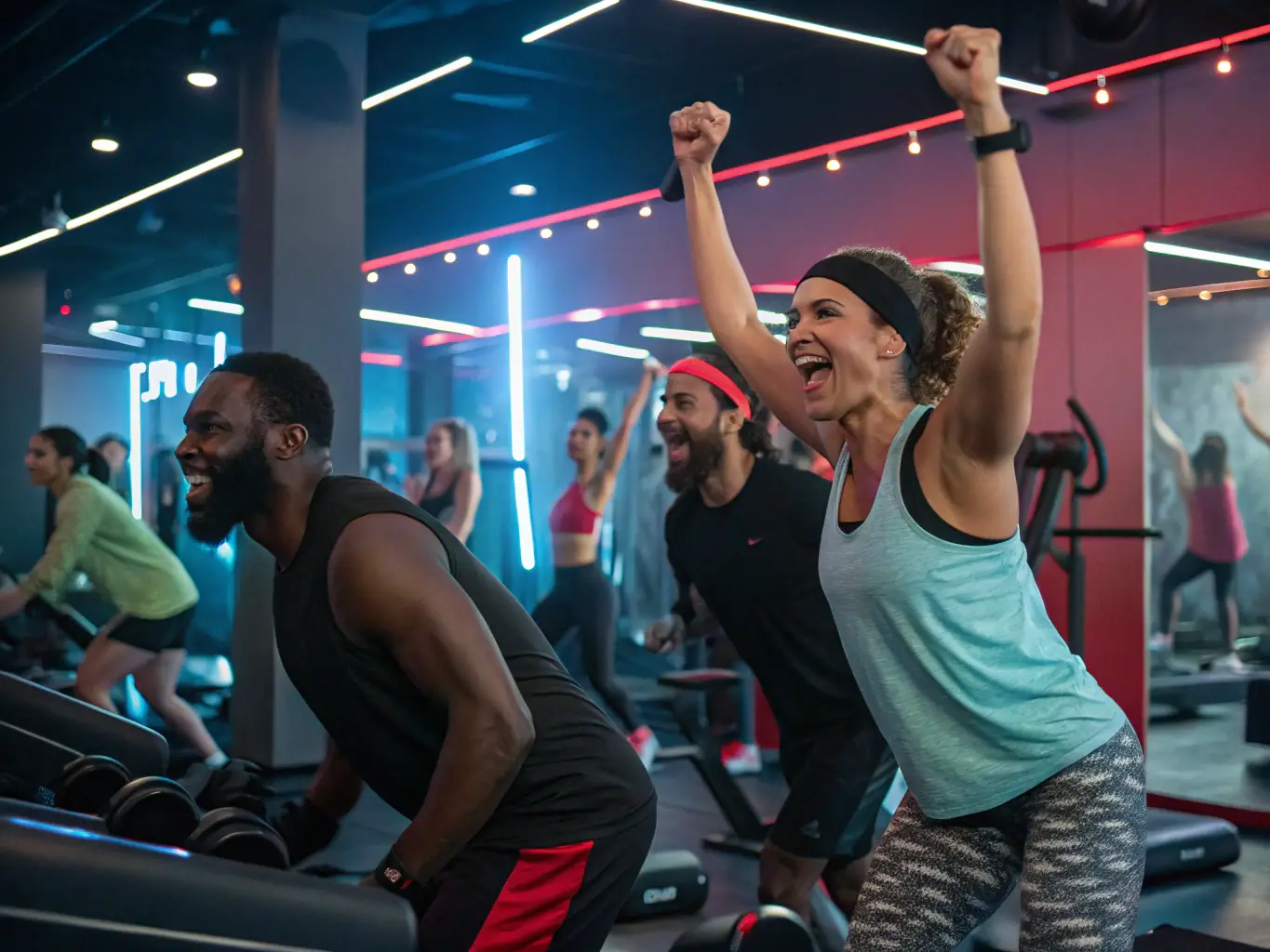 A group of diverse individuals participating in a gymnastics class, showcasing teamwork and physical activity in a supportive environment.