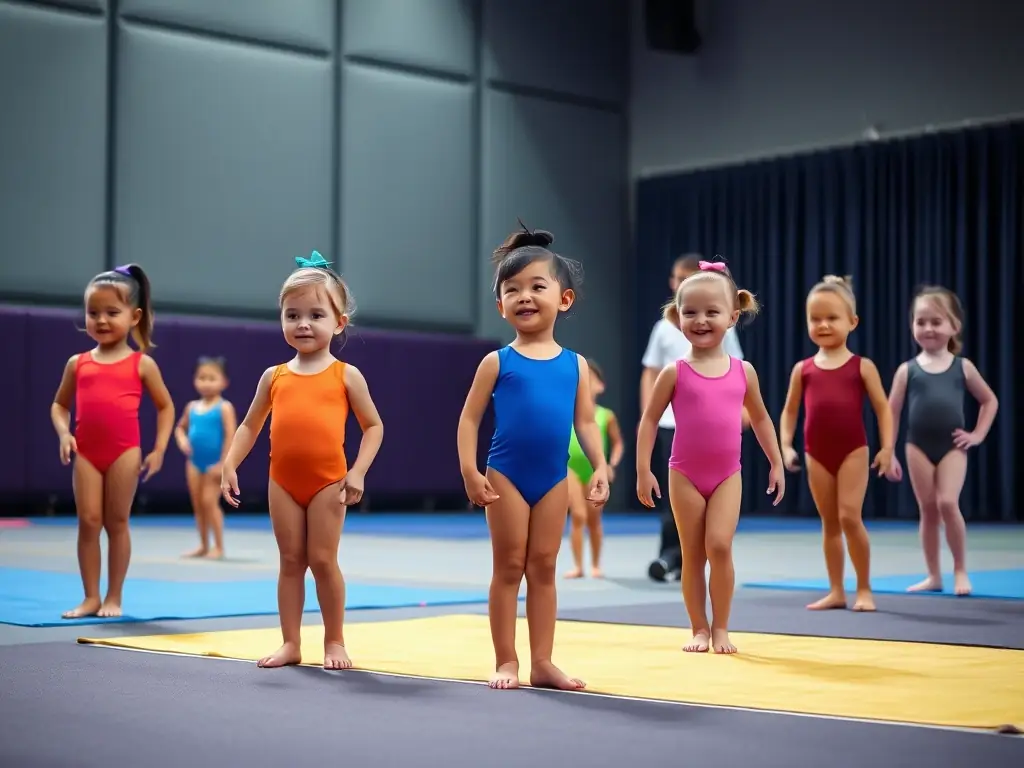 A group of young children participating in a gymnastics class, focusing on balance and coordination exercises, with a qualified instructor guiding them in a brightly lit gymnasium.