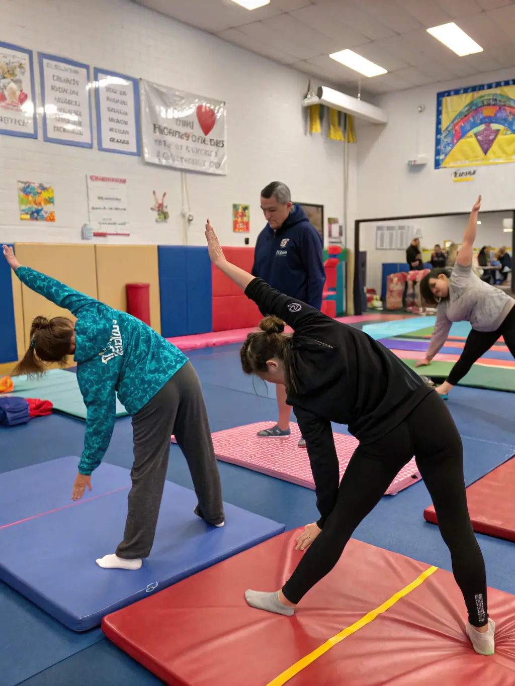 Adults are participating in a gymnastics class, focusing on flexibility, strength, and balance exercises, with an instructor demonstrating proper form in a spacious studio. This image emphasizes fitness and well-being.