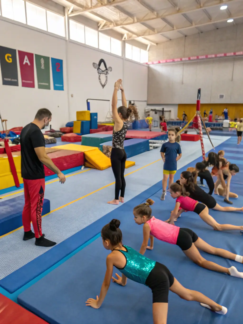 Teenagers are engaged in a dynamic gymnastics session, practicing more advanced techniques such as handstands and cartwheels, while being supervised by a coach in a modern gymnasium. This image highlights skill development and teamwork.