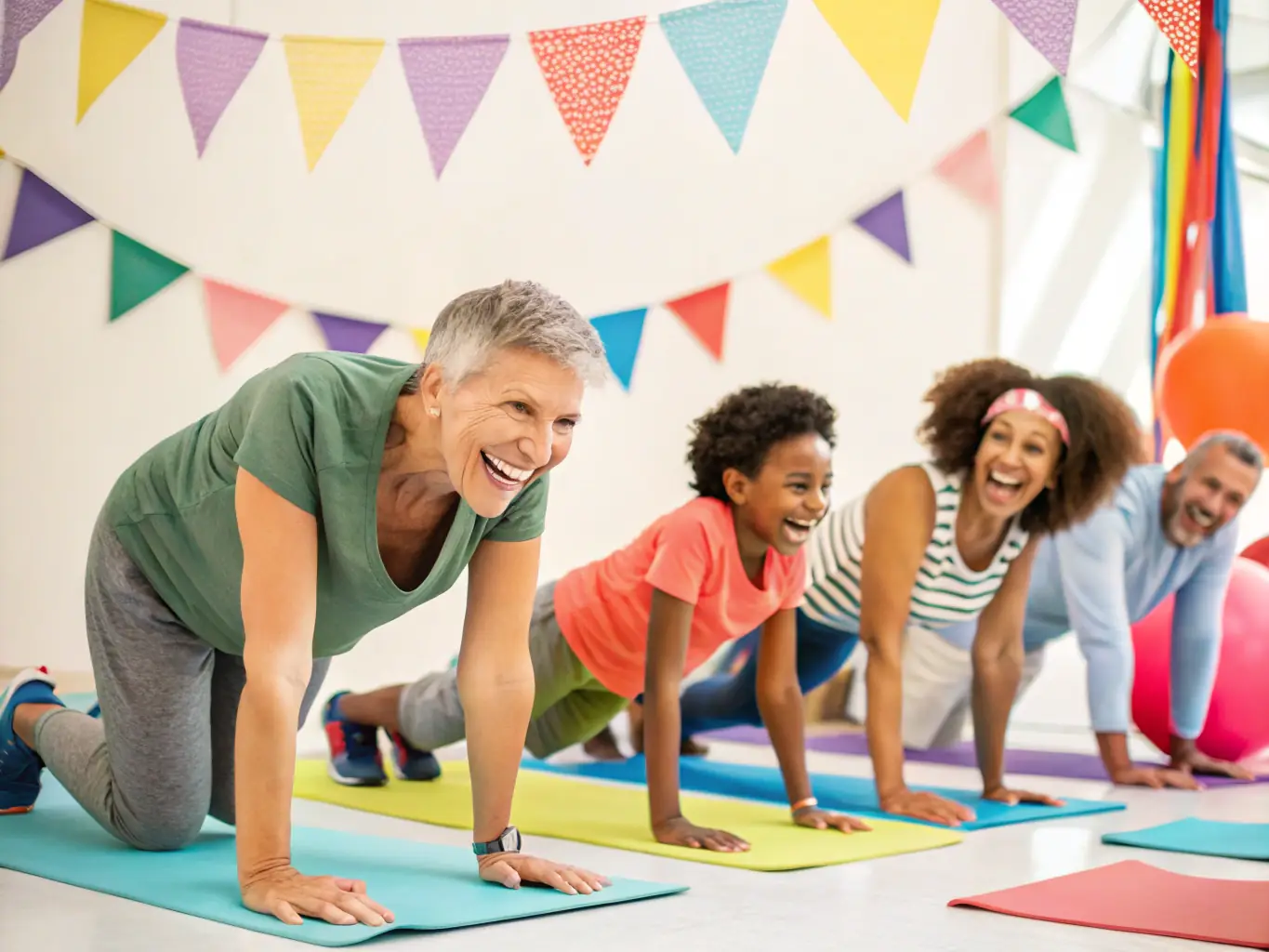 A diverse group of people laughing and interacting during a gymnastics session, emphasizing the importance of social inclusion and community bonding.