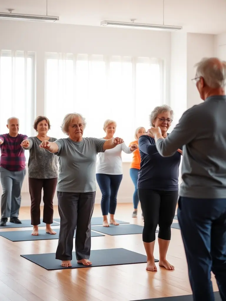 Seniors are participating in a gentle gymnastics class, focusing on mobility and balance exercises, with a caring instructor providing support in a comfortable setting. This image promotes active aging and health.