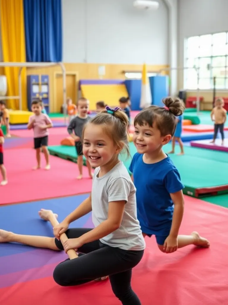 A group of young children participating in a gymnastics class, learning basic tumbling skills with the guidance of an instructor at GYM ADDICT FELLETIN.