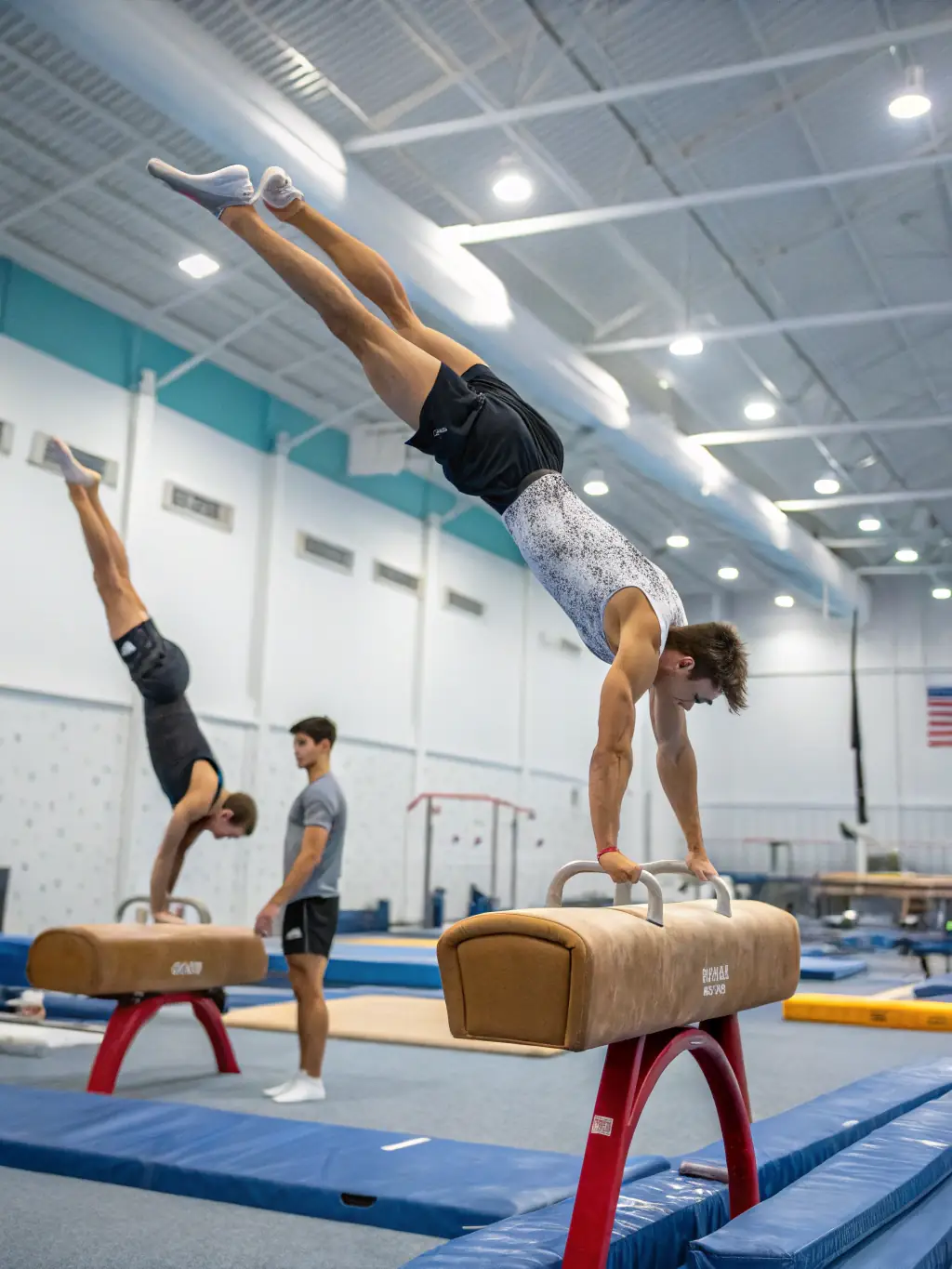 Teenagers practicing advanced gymnastics routines, showcasing their strength, flexibility, and precision at GYM ADDICT FELLETIN.