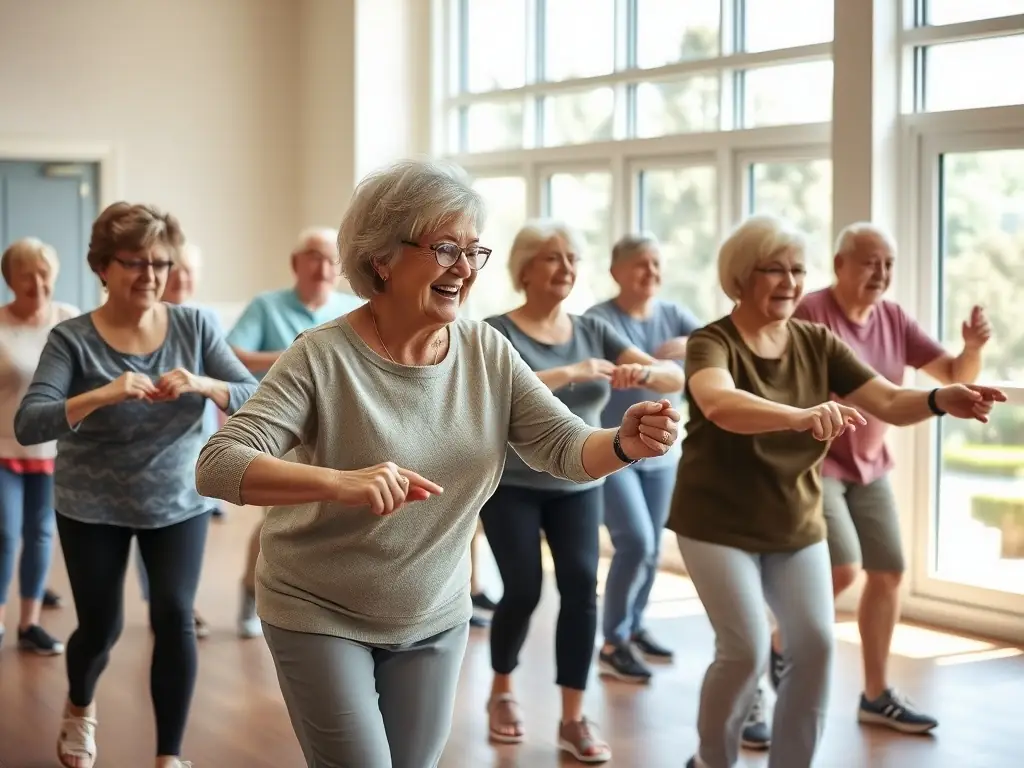 A serene image of seniors participating in a gentle exercise class, emphasizing the importance of maintaining physical health and mobility in older age.
