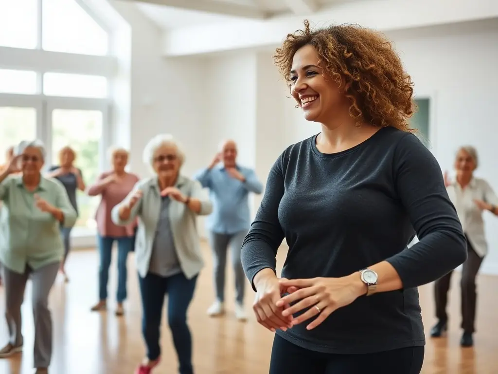 Seniors participating in a gentle exercise class, focusing on flexibility, balance, and mobility, with a caring instructor providing support and encouragement in a community center.