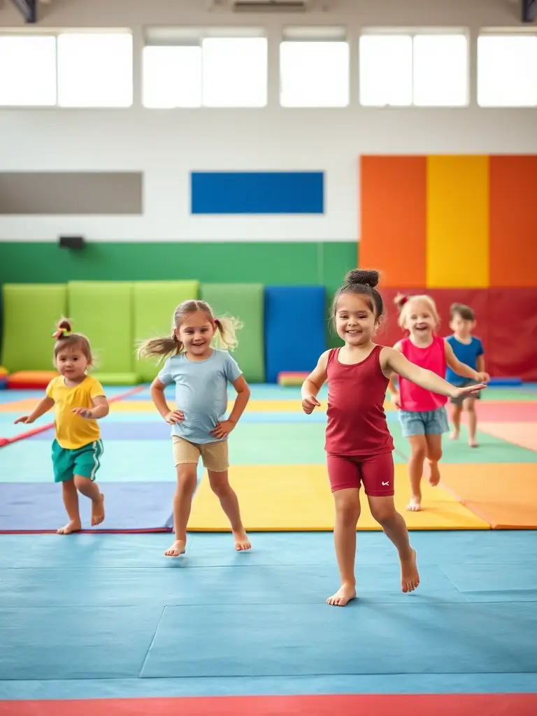 A group of young children, aged 5-7, are joyfully participating in a gymnastics class, performing basic tumbling exercises on soft mats under the guidance of an instructor in a well-lit gymnasium. This image represents the early development of motor skills and coordination.